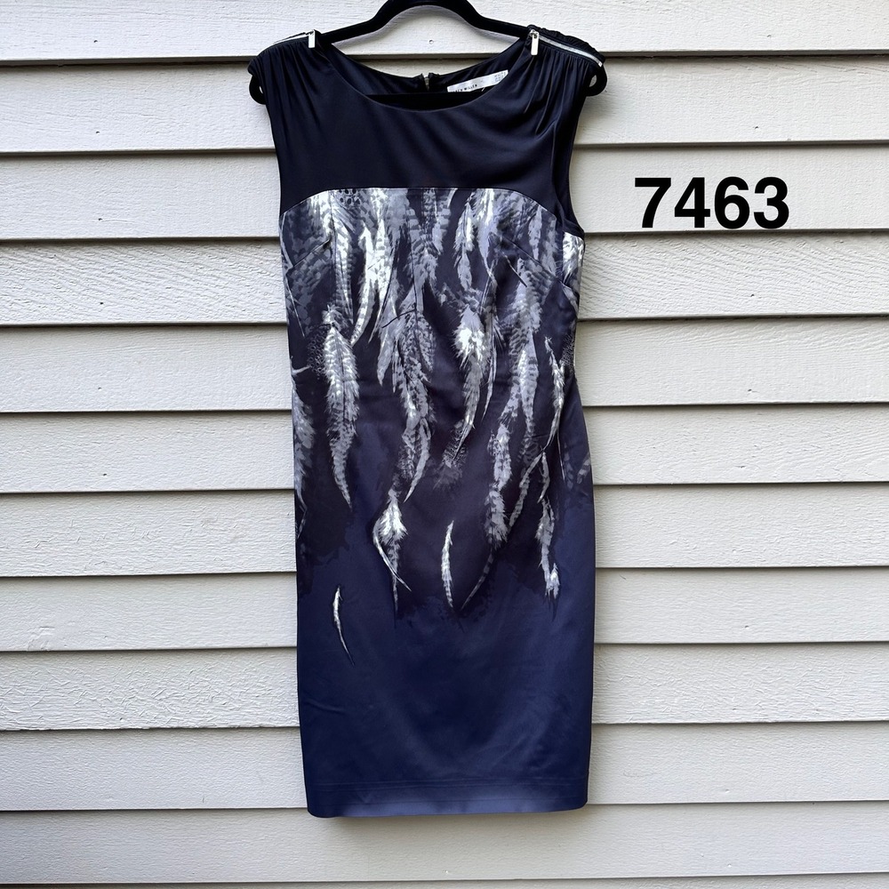 Karen Millen Feather Print Sheath Dress Black Gray Blue DM053 Size US 10 UK 14